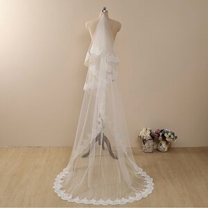 Etsy Cathedral Length Ivory Veil with Blusher and Scalloped Edge